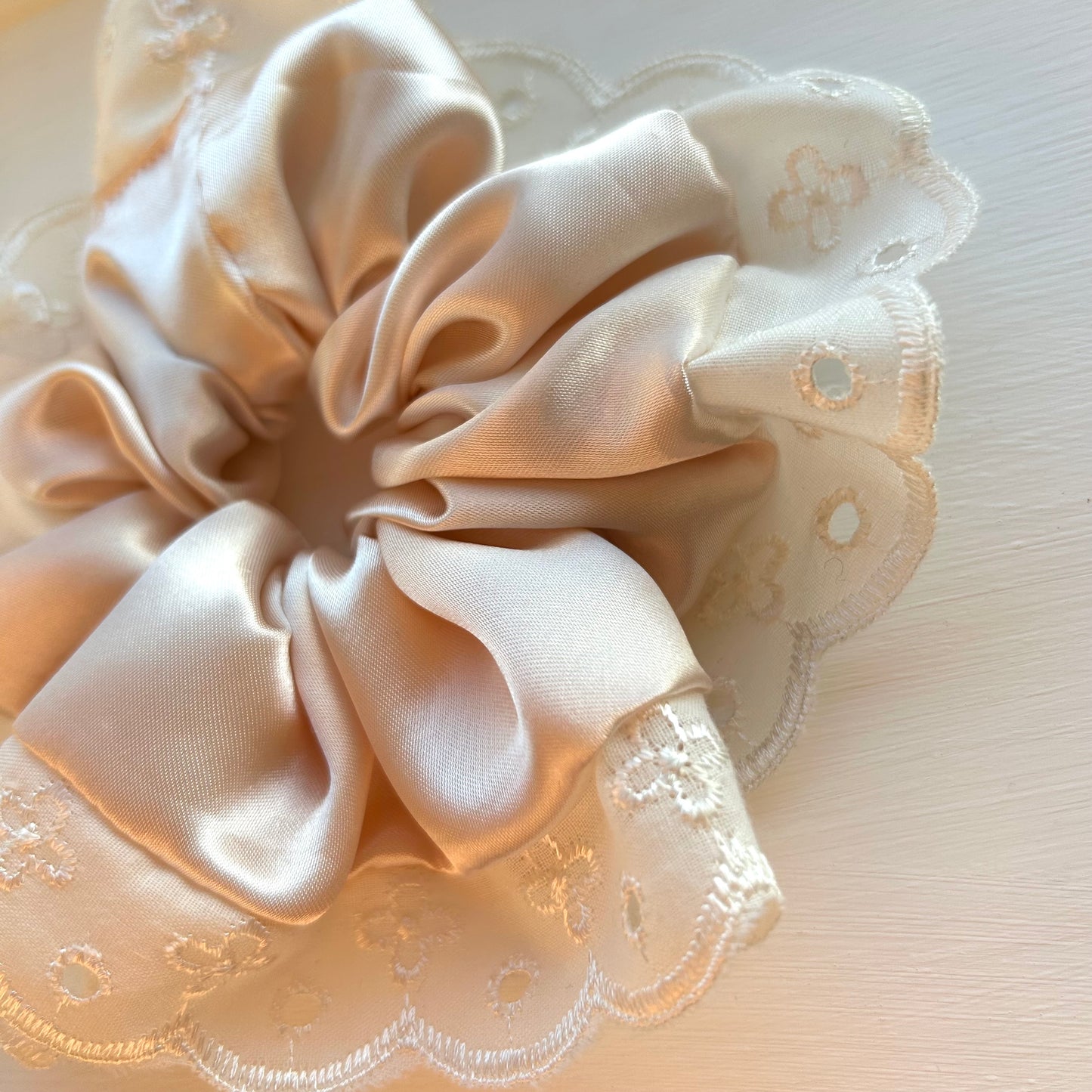 Ivory Satin Scrunchie with Cream Broderie Trim