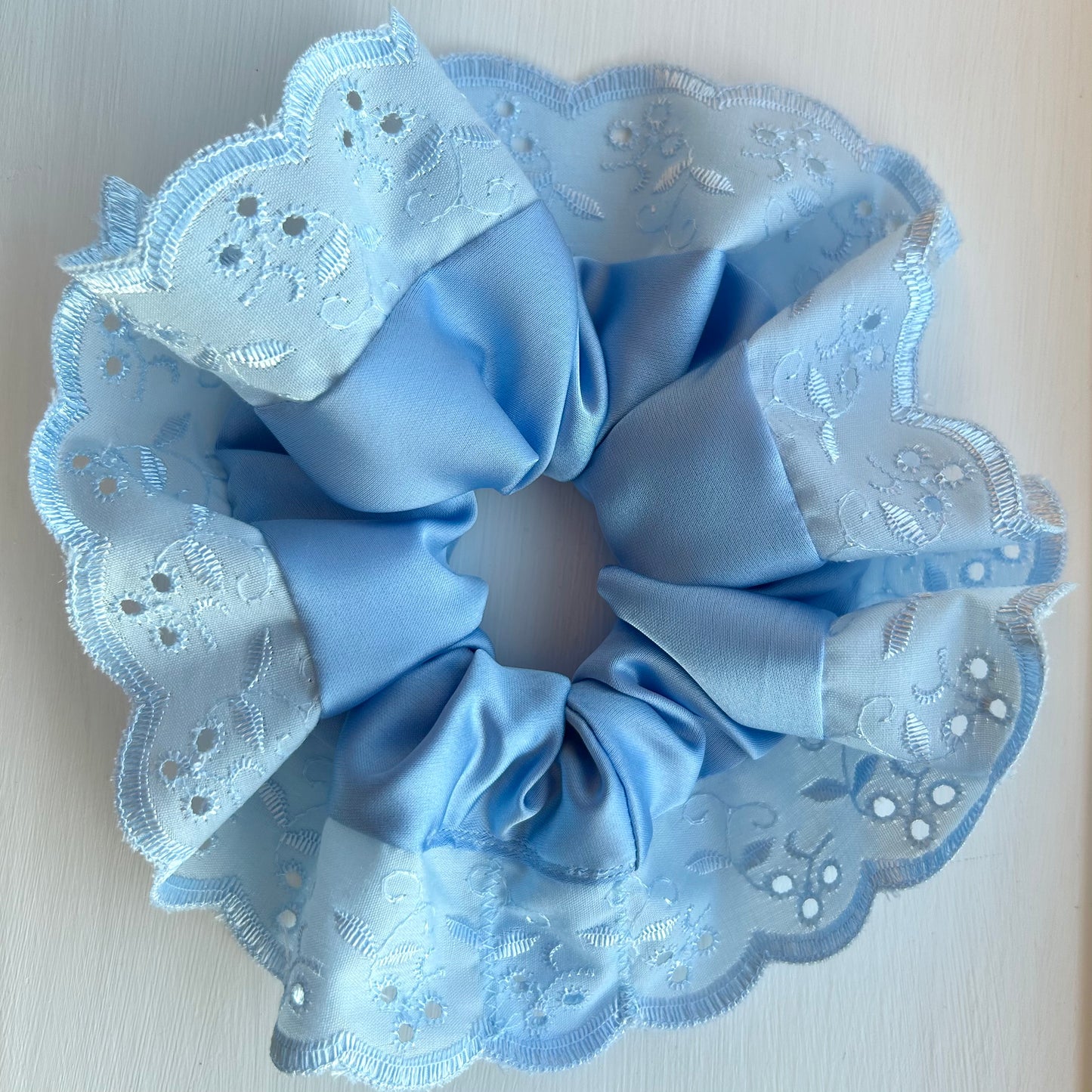 Sky Blue Satin Scrunchie with Broderie Trim