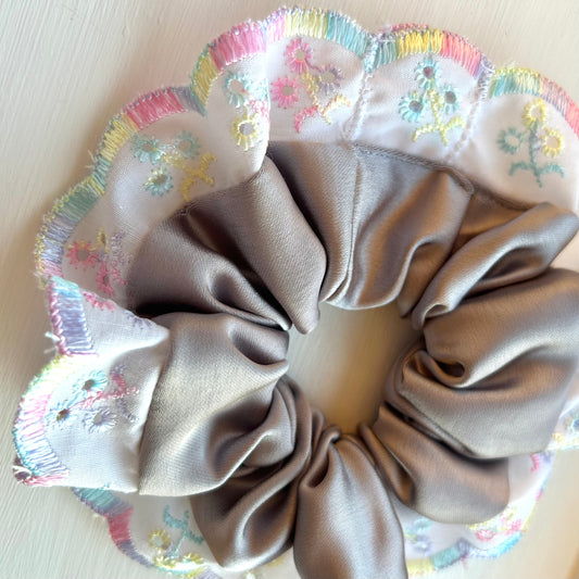 Grey Satin Scrunchie with Rainbow Broderie Trim