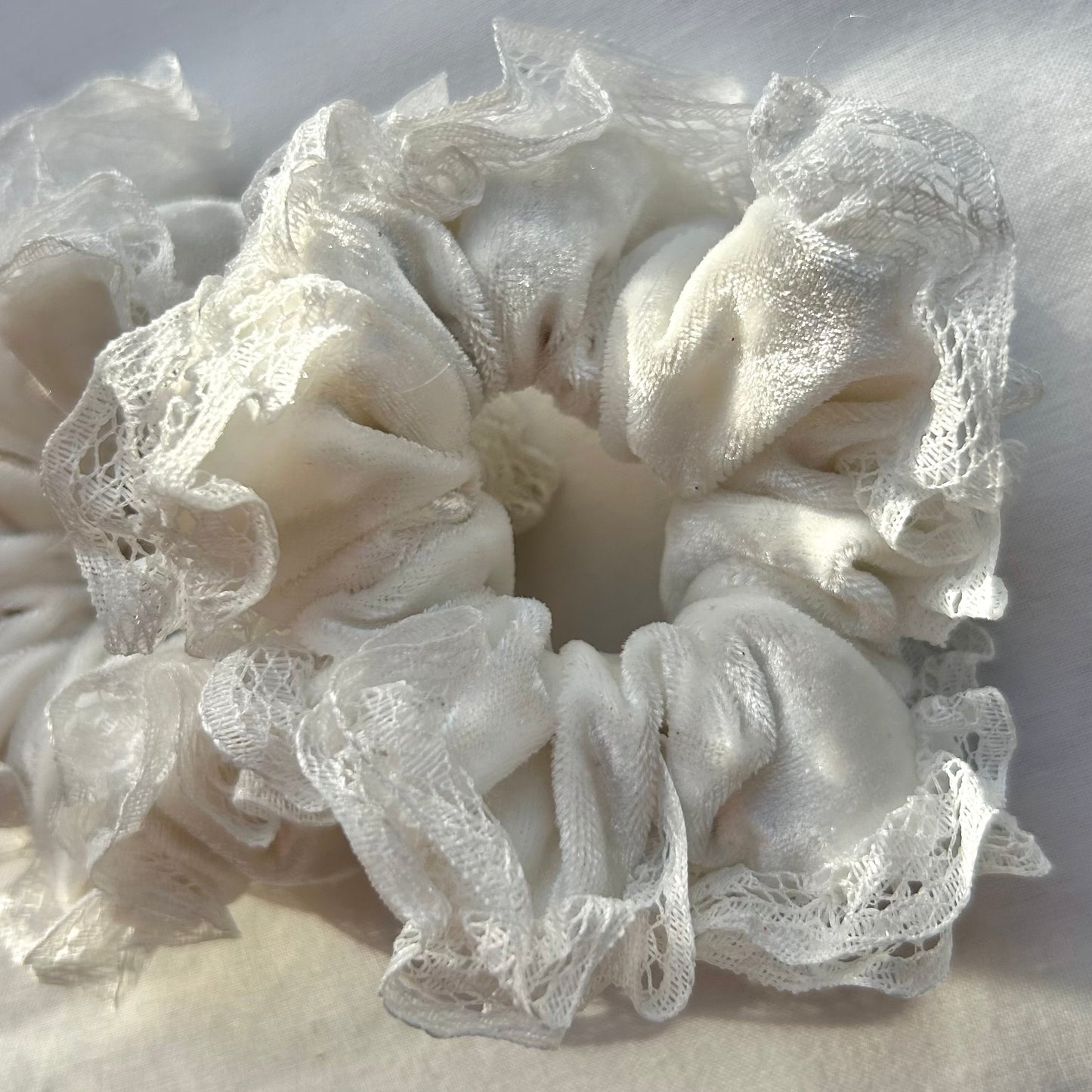 White Velvet Baby Scrunchie with Lace