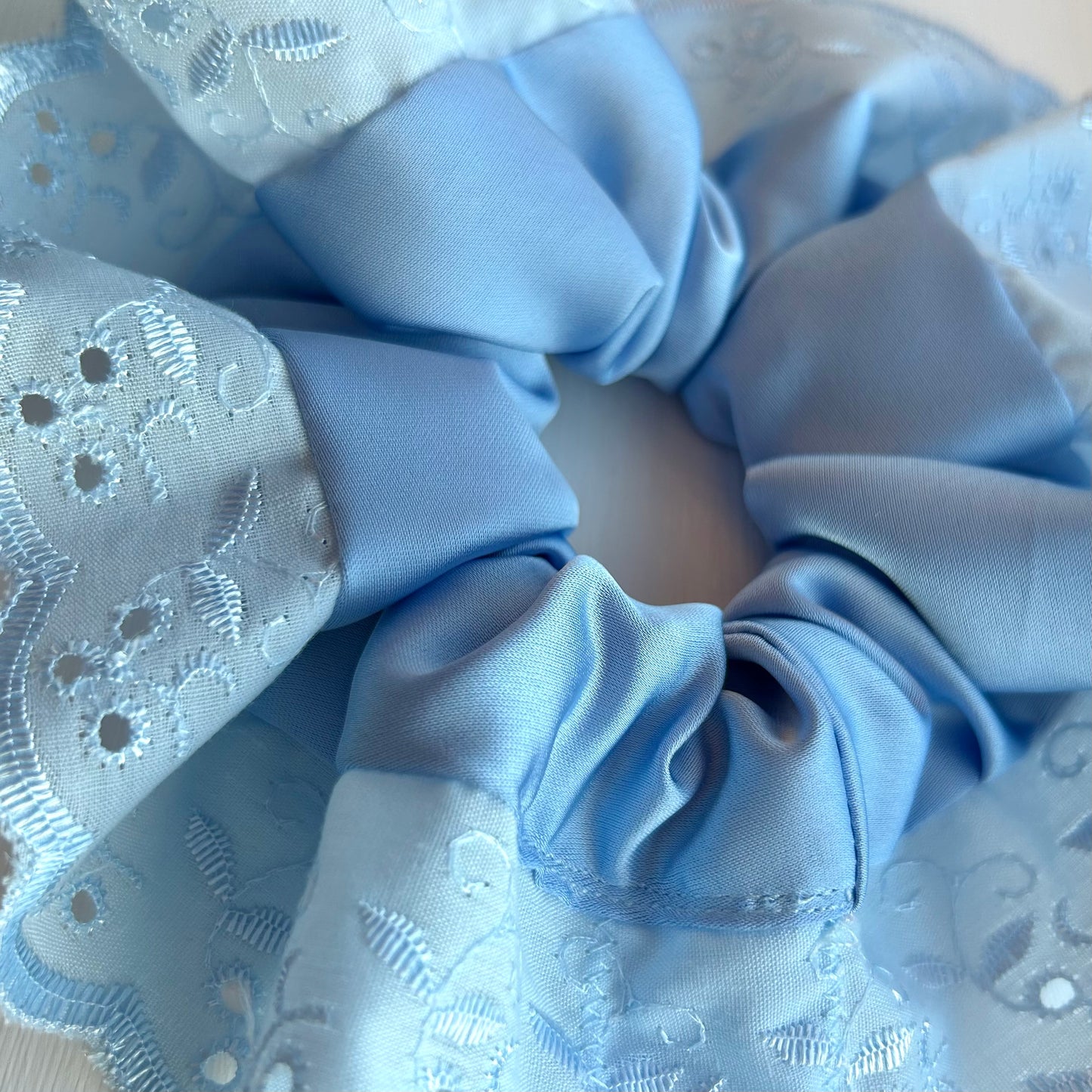 Sky Blue Satin Scrunchie with Broderie Trim