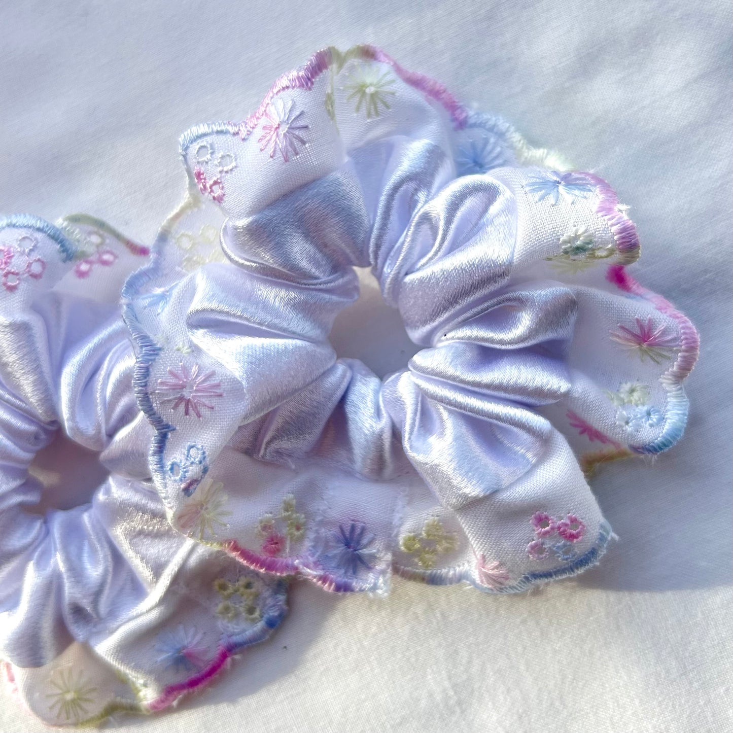 White Satin Baby Scrunchie with Pastel Trim