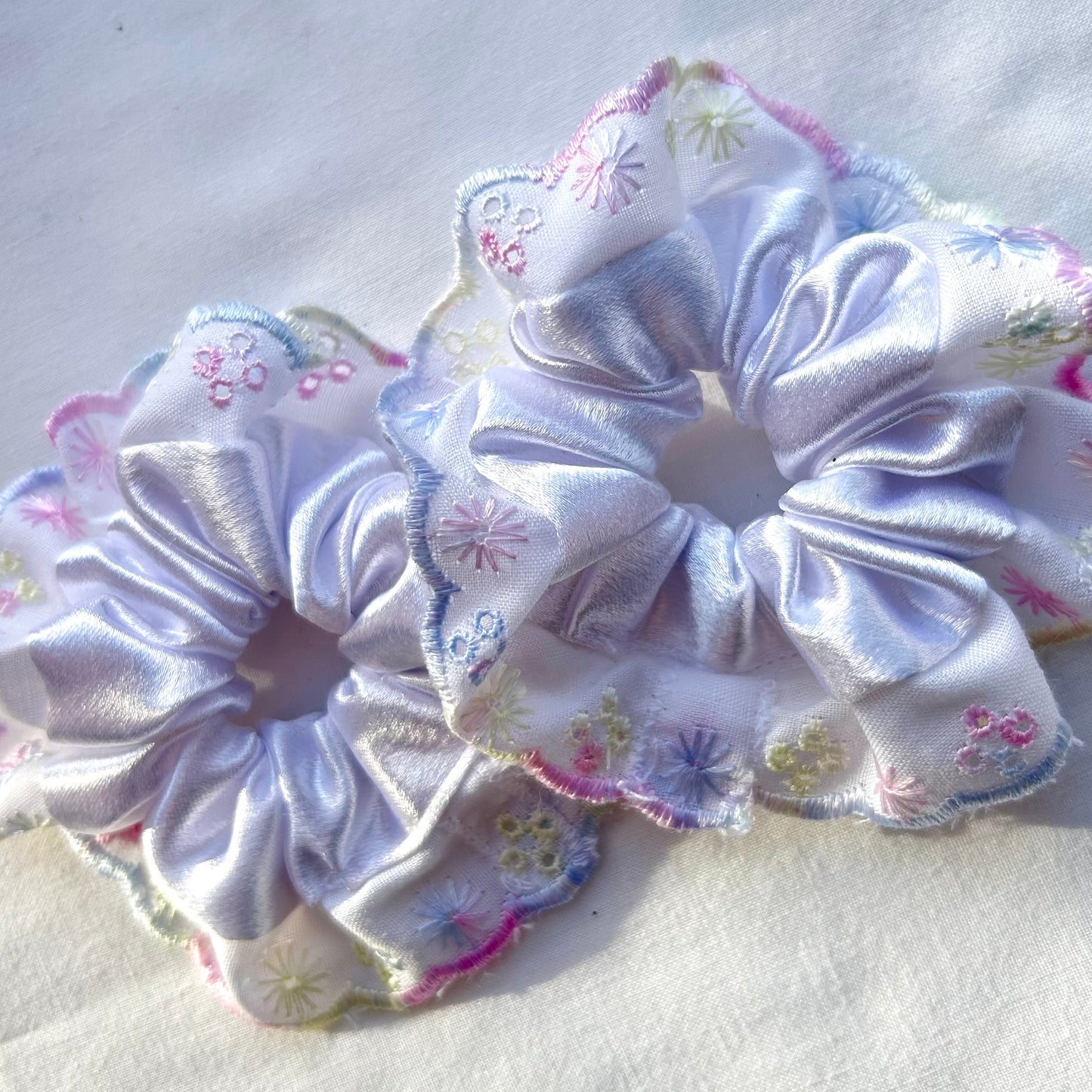 White Satin Baby Scrunchie with Pastel Trim