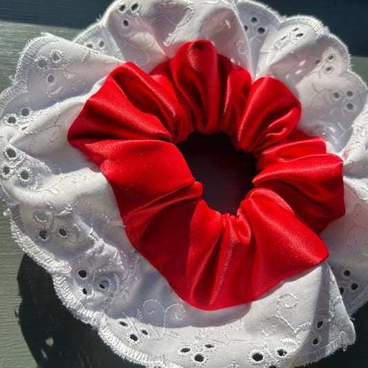 Red Satin Scrunchie with Broderie Trim