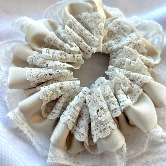 Latte Satin Scrunchie with Lace Trim