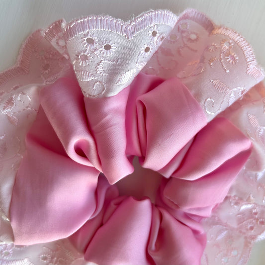 Hot Pink Satin Scrunchie with Broderie Trim