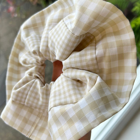 Large Beige Gingham Scrunchie with Wider Gingham Trim
