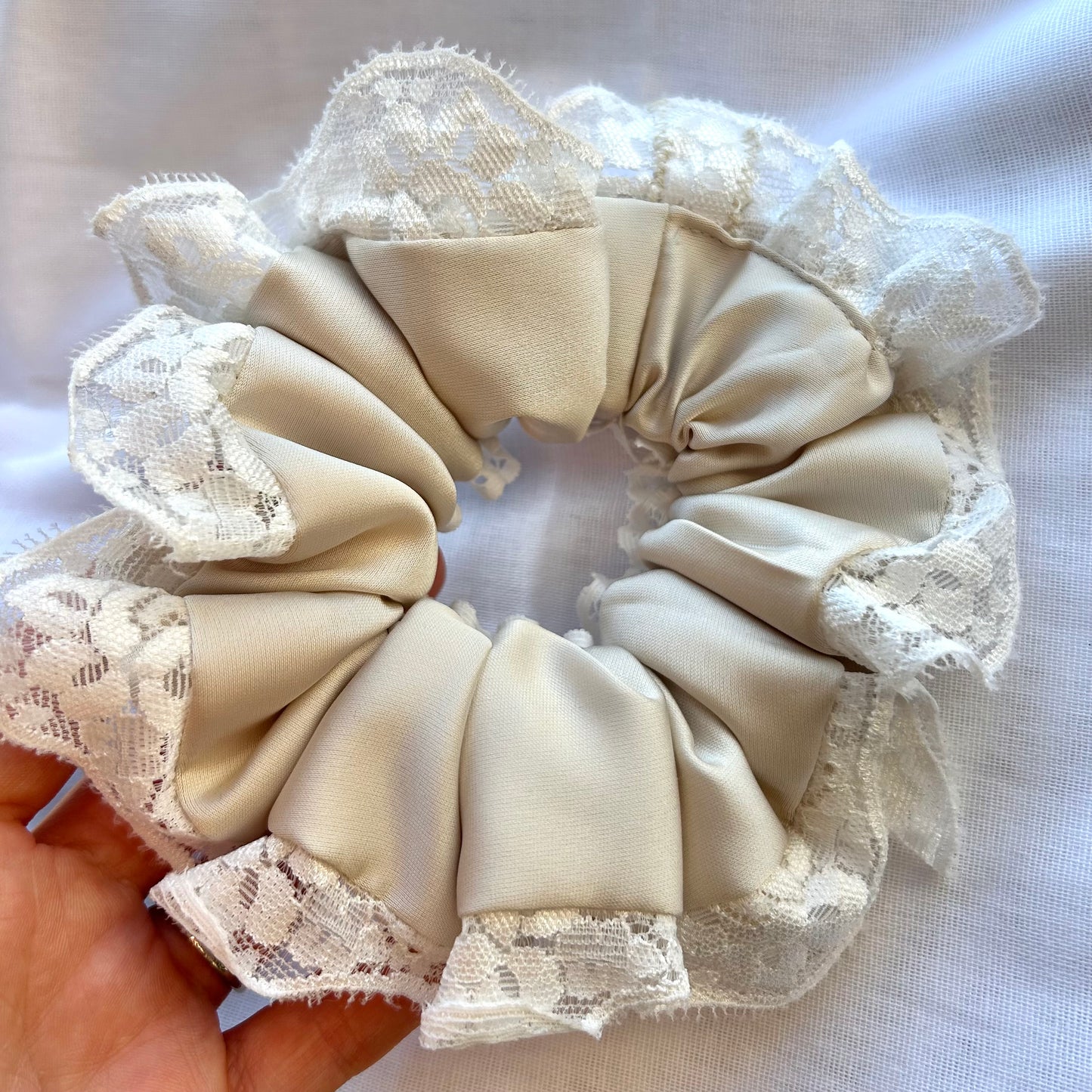 Latte Satin Scrunchie with Lace Trim