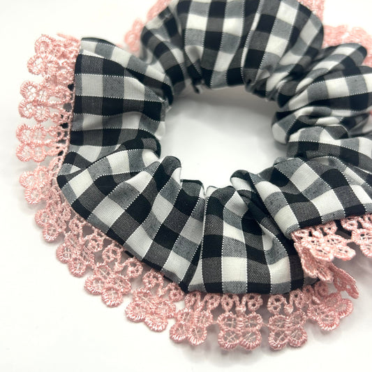 Black and White Gingham Scrunchie with Pink Trim