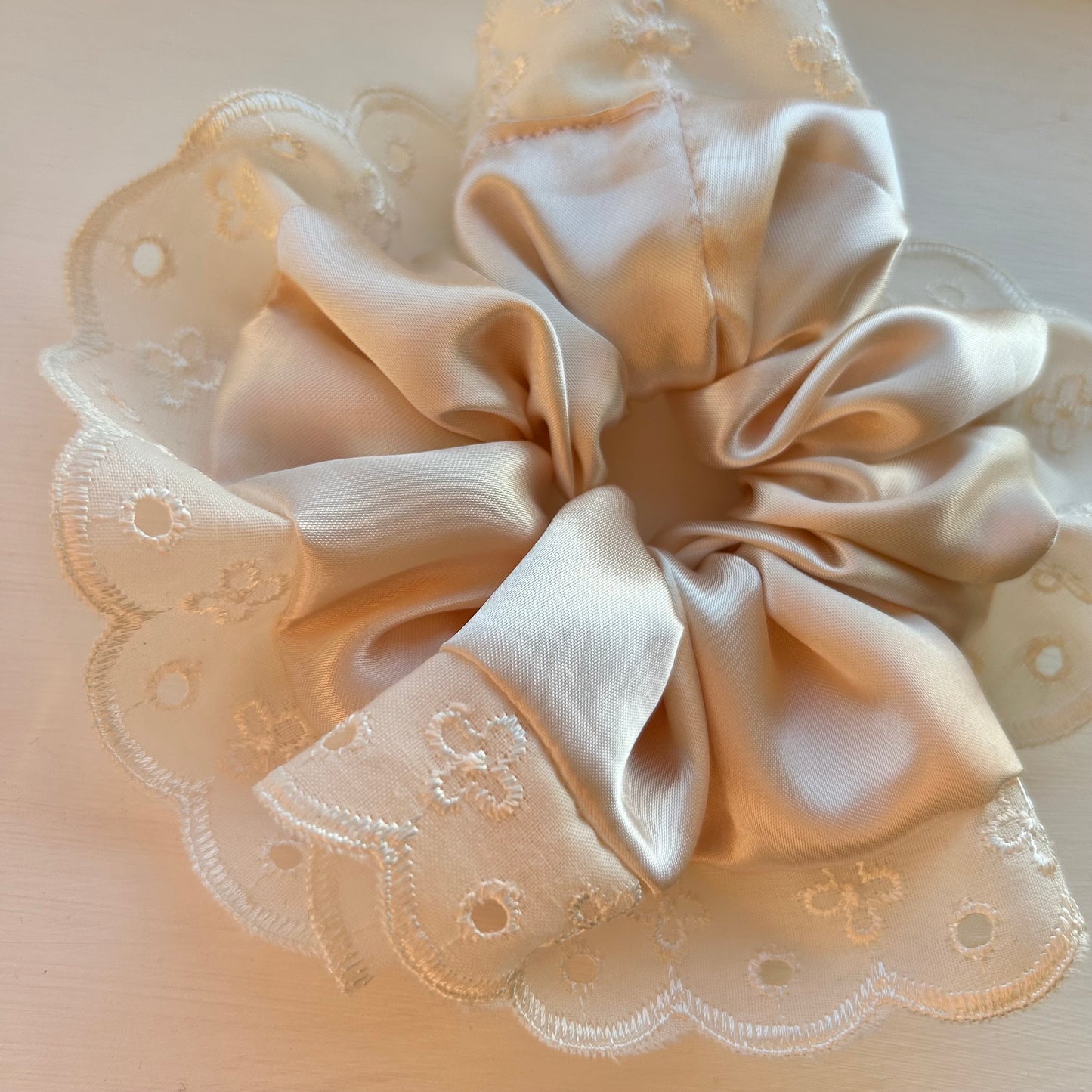 Ivory Satin Scrunchie with Cream Broderie Trim