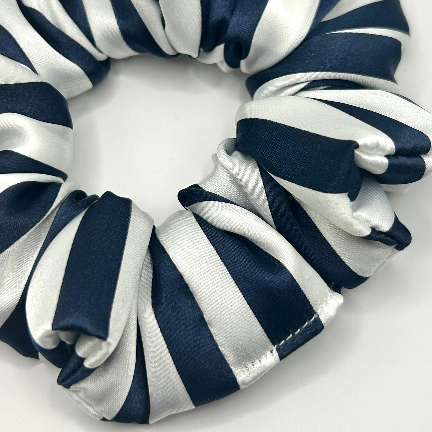 Navy and White Striped Satin Scrunchie