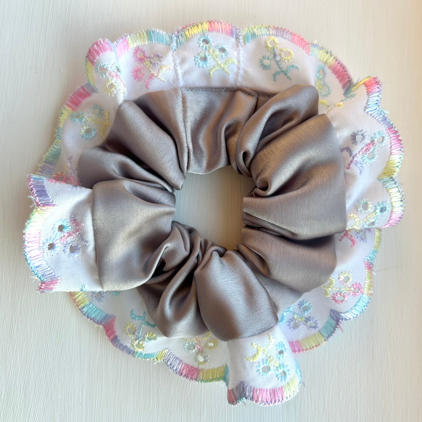 Grey Satin Scrunchie with Rainbow Broderie Trim