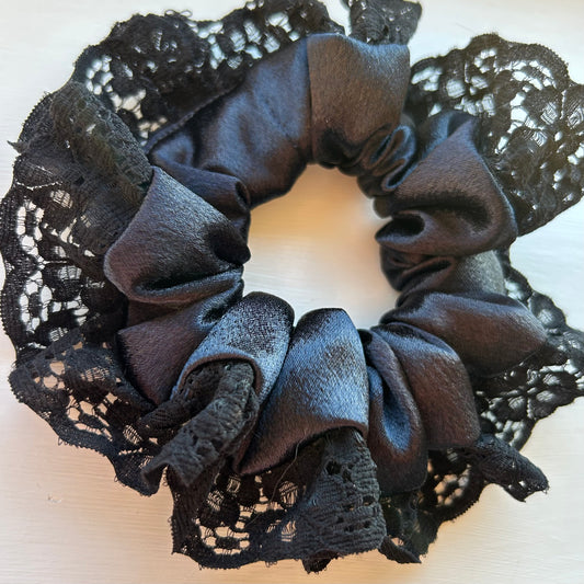 Black Satin Scrunchie with Lace Trim