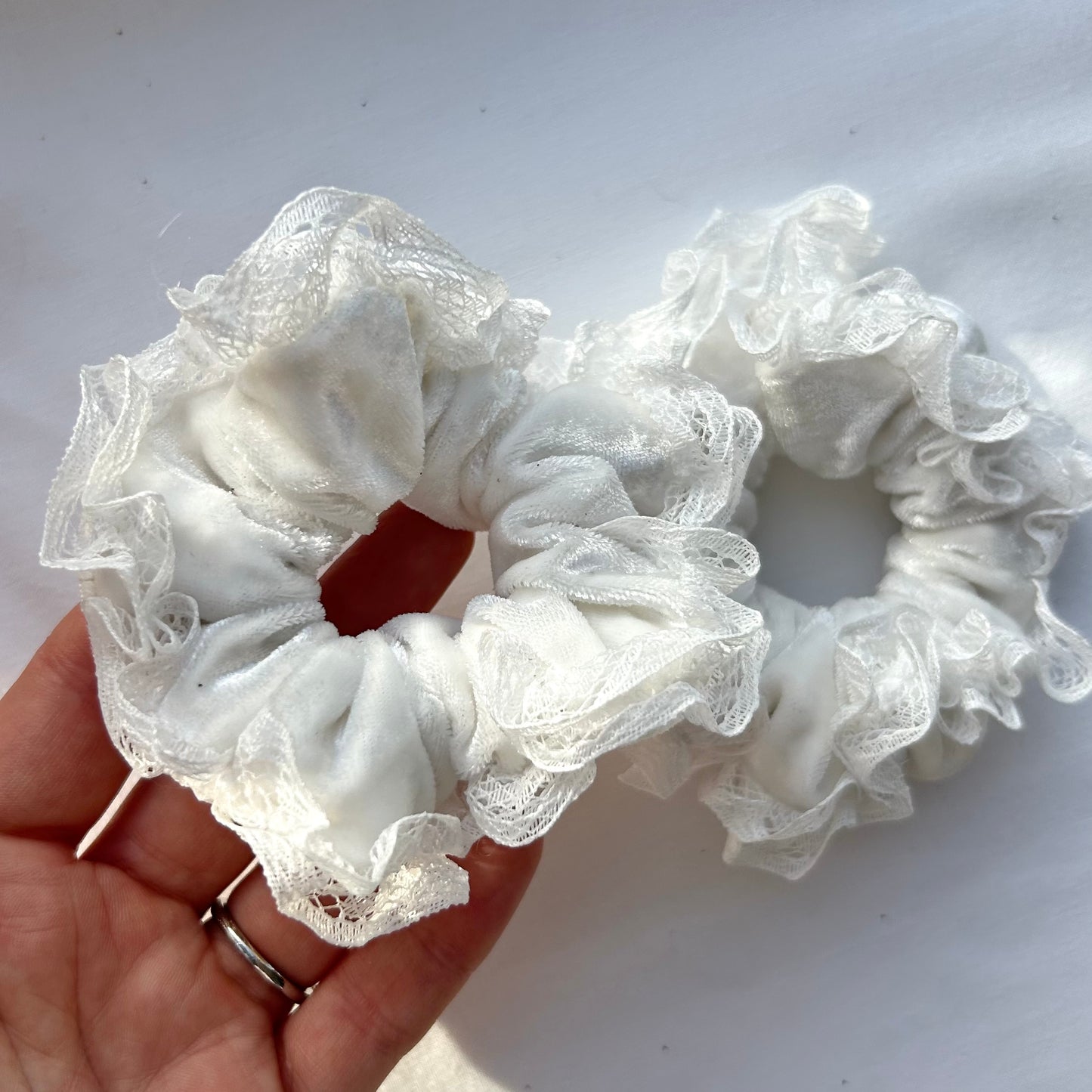 White Velvet Baby Scrunchie with Lace