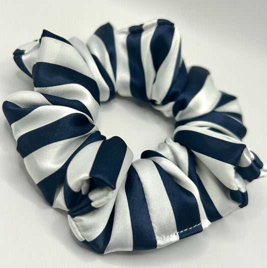Navy and White Striped Satin Scrunchie