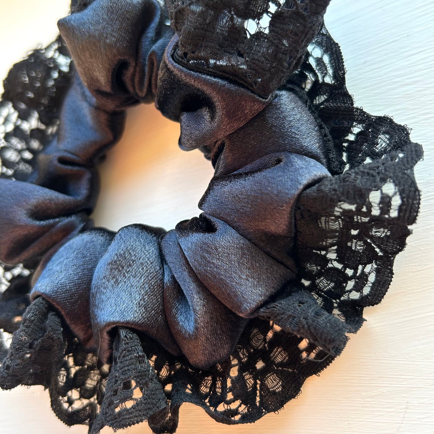 Black Satin Scrunchie with Lace Trim