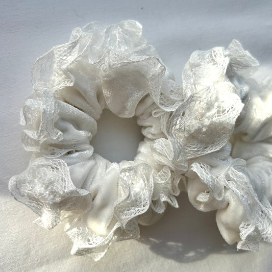 White Velvet Baby Scrunchie with Lace