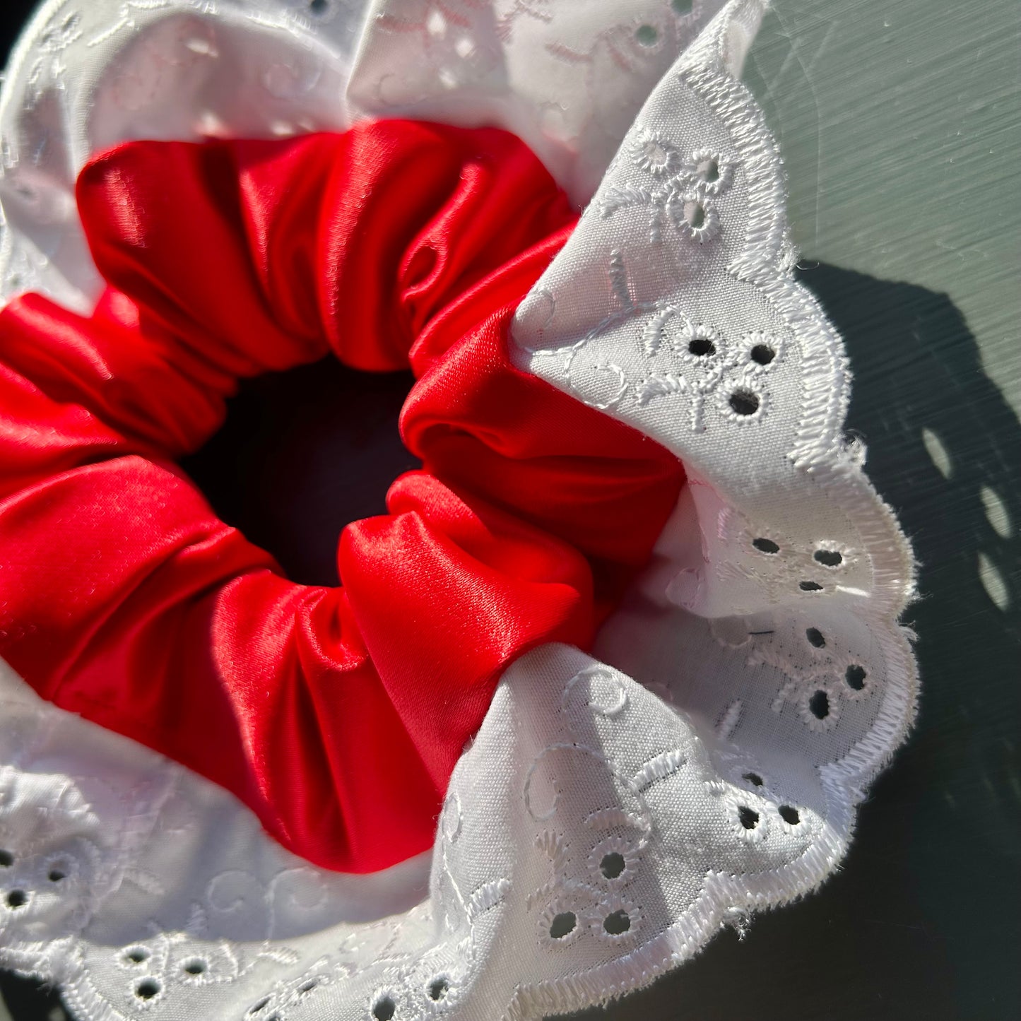 Red Satin Scrunchie with Broderie Trim
