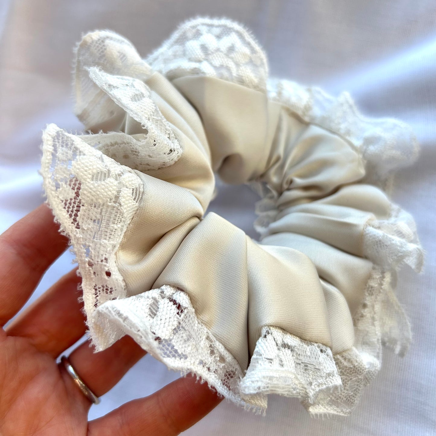 Latte Satin Scrunchie with Lace Trim