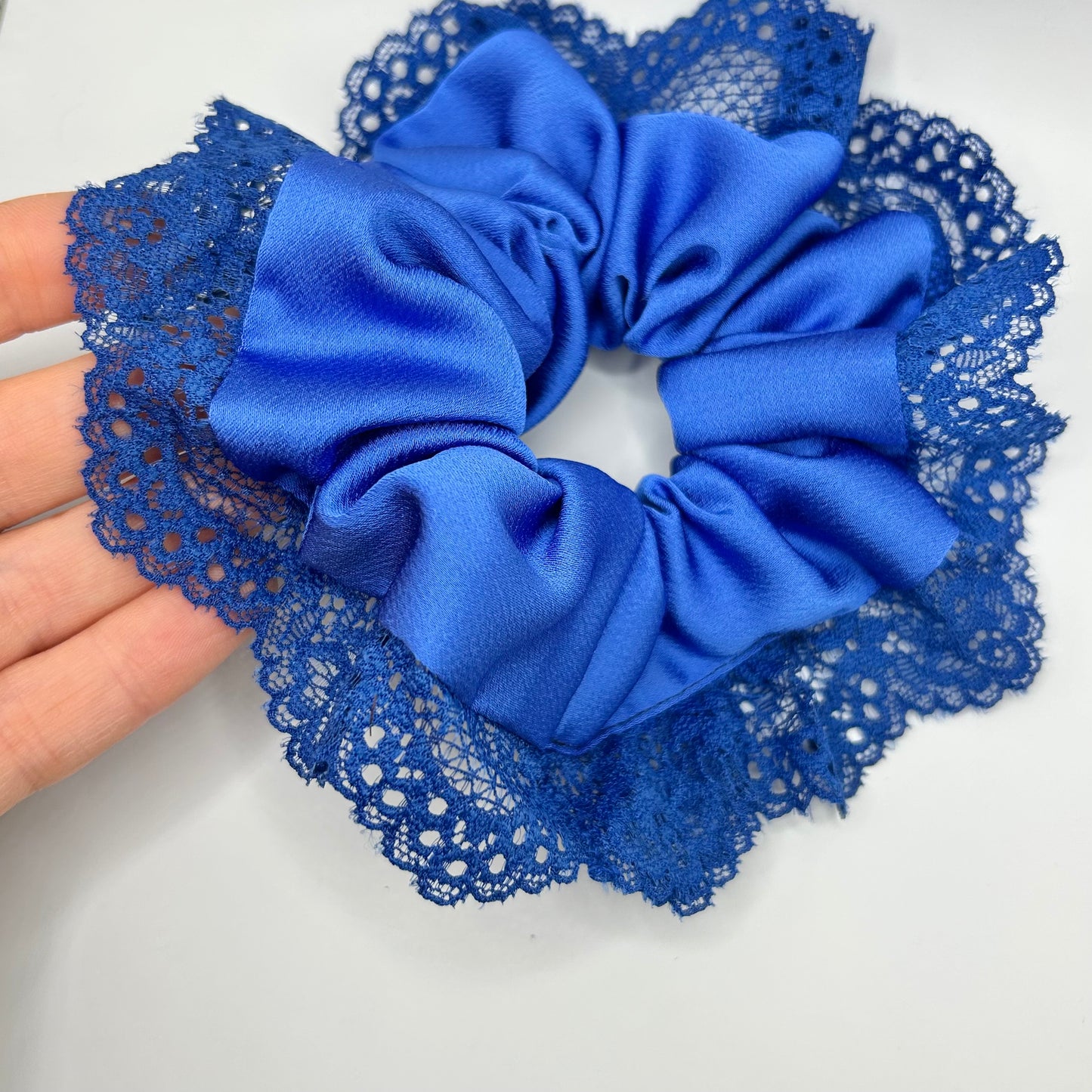 Royal Blue Satin Scrunchie with Lace Trim