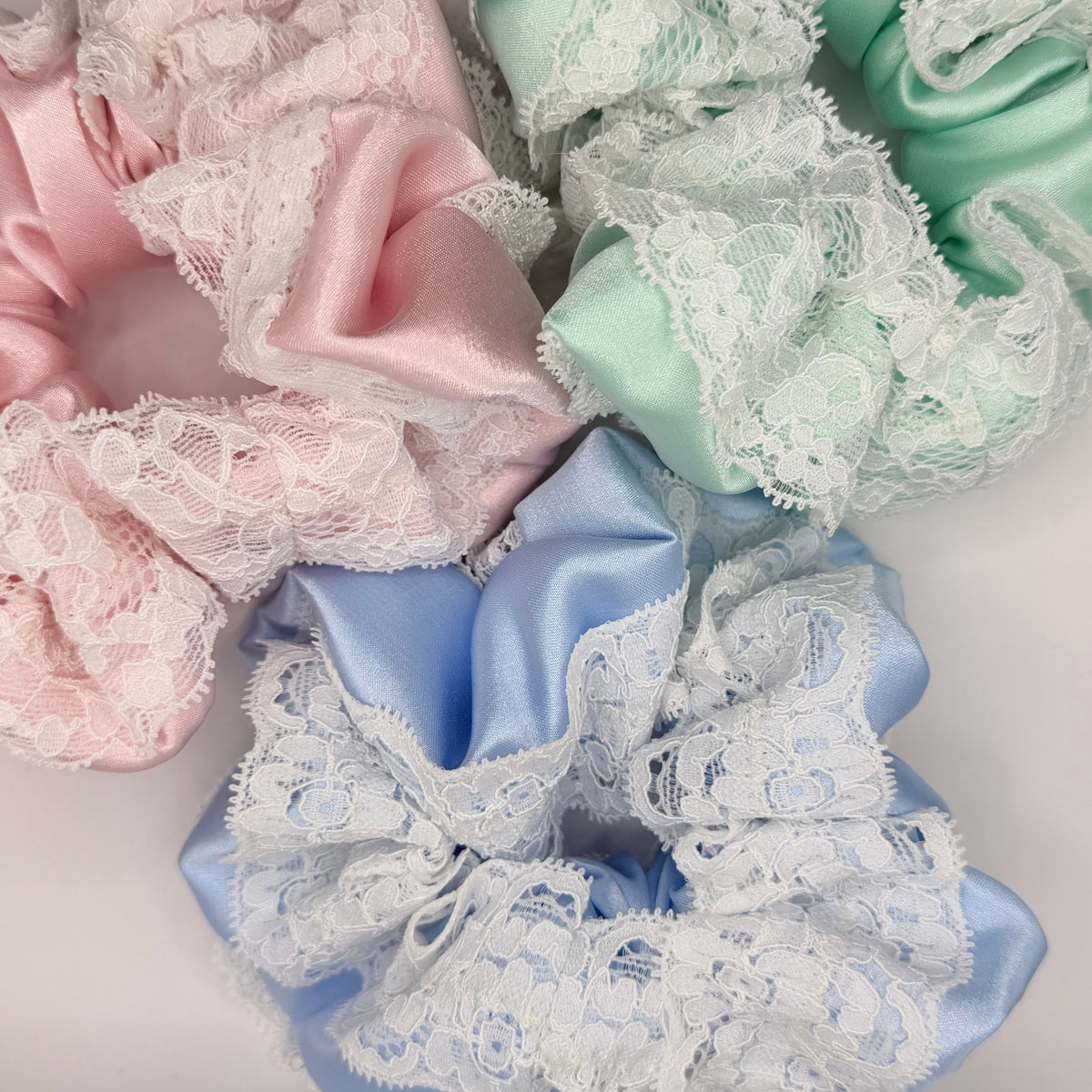 Baby Blue Satin Scrunchie with Lace Trim