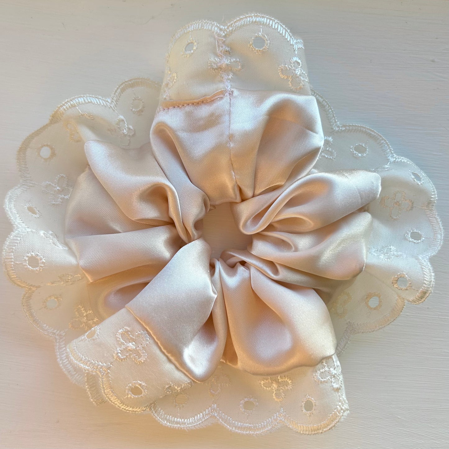 Ivory Satin Scrunchie with Cream Broderie Trim
