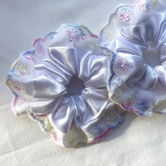White Satin Baby Scrunchie with Pastel Trim