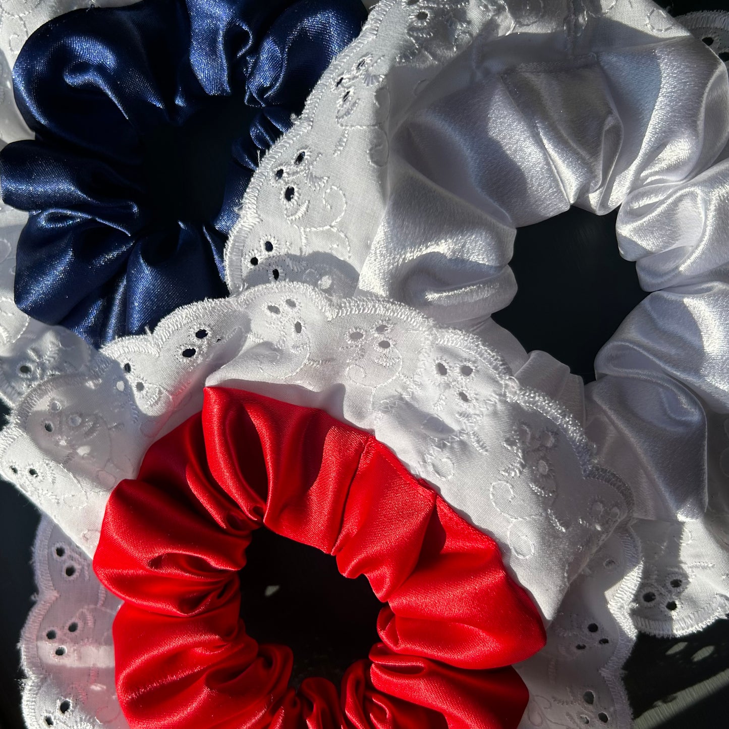 Red Satin Scrunchie with Broderie Trim