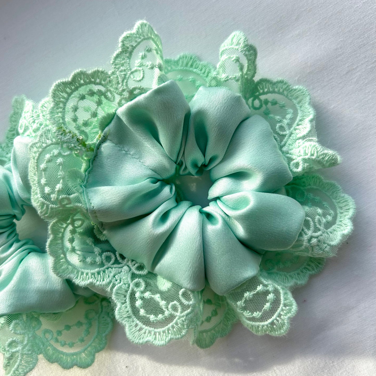 Mint Satin Baby Scrunchie with Trim