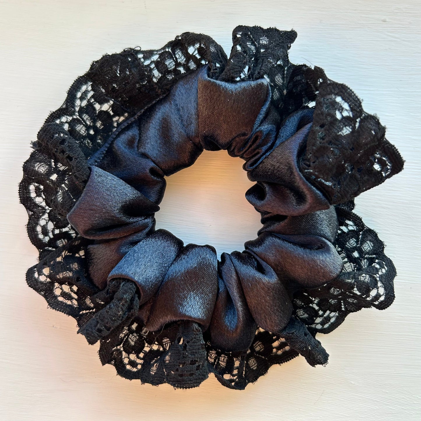 Black Satin Scrunchie with Lace Trim