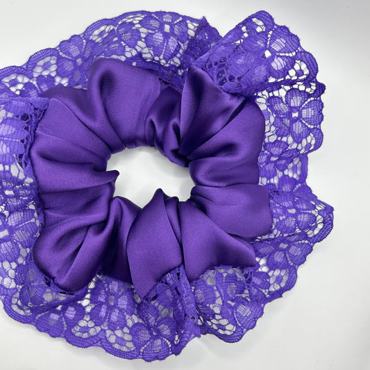 Deep Purple Satin Scrunchie with Floral Lace Trim