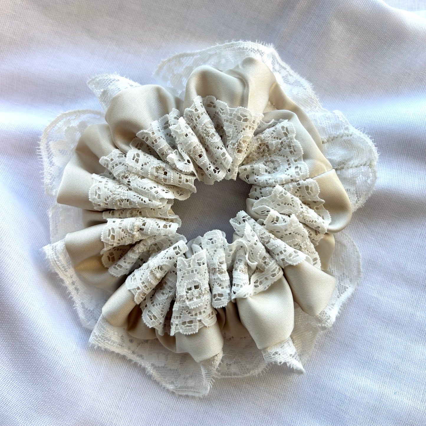 Latte Satin Scrunchie with Lace Trim