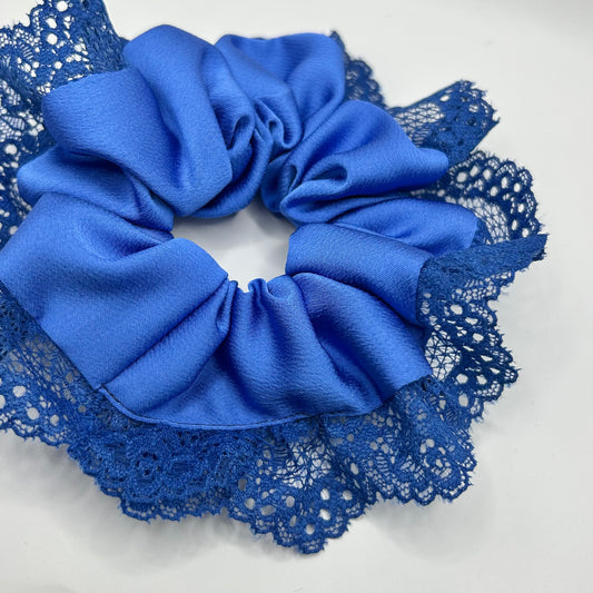 Royal Blue Satin Scrunchie with Lace Trim