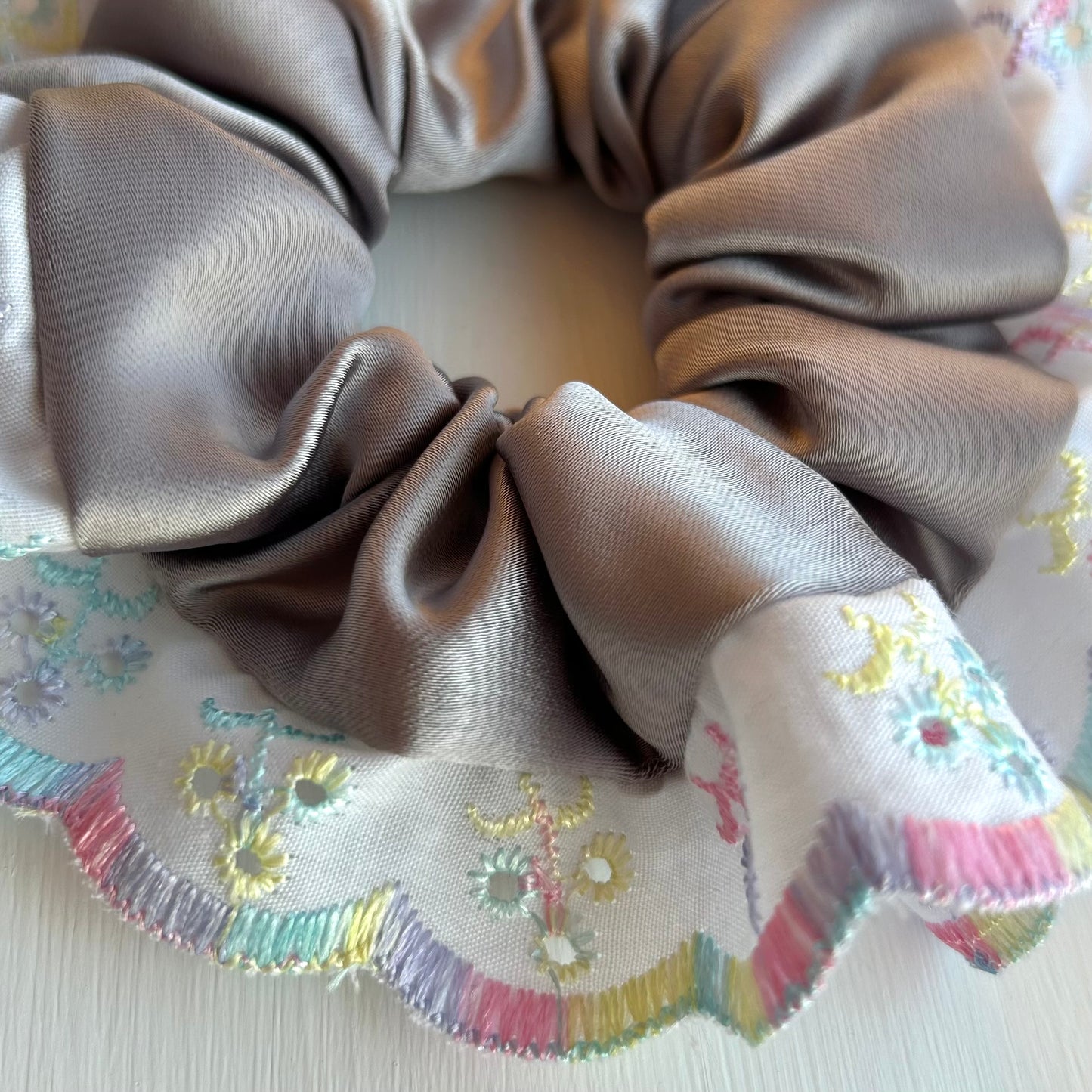Grey Satin Scrunchie with Rainbow Broderie Trim