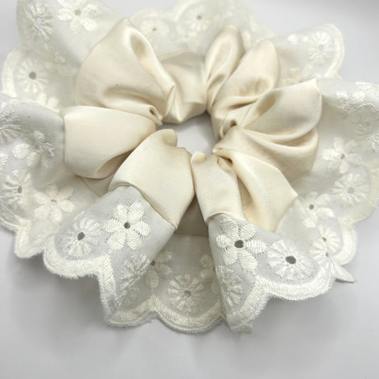 Ivory Satin Scrunchie with Cream Broderie Trim