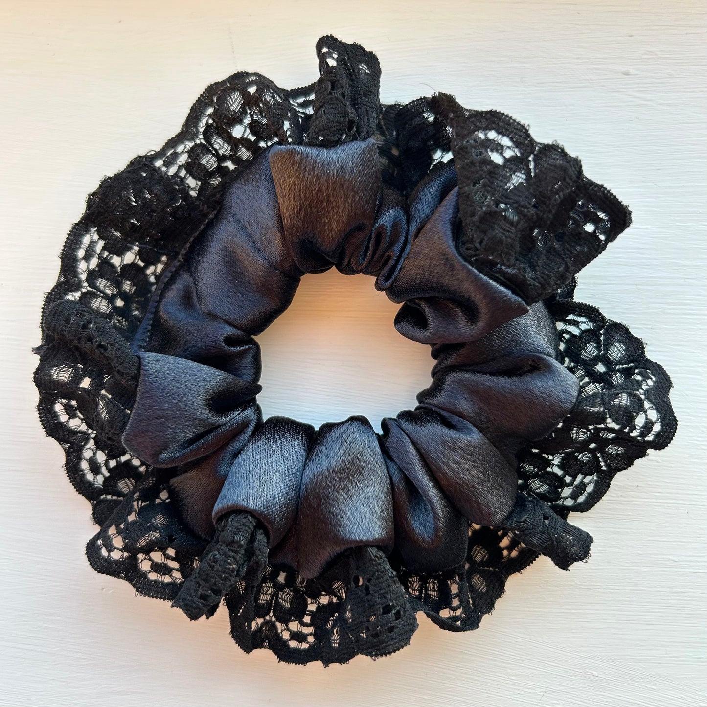 Black Satin Scrunchie with Lace Trim