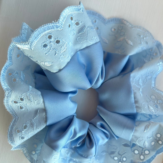 Sky Blue Satin Scrunchie with Broderie Trim