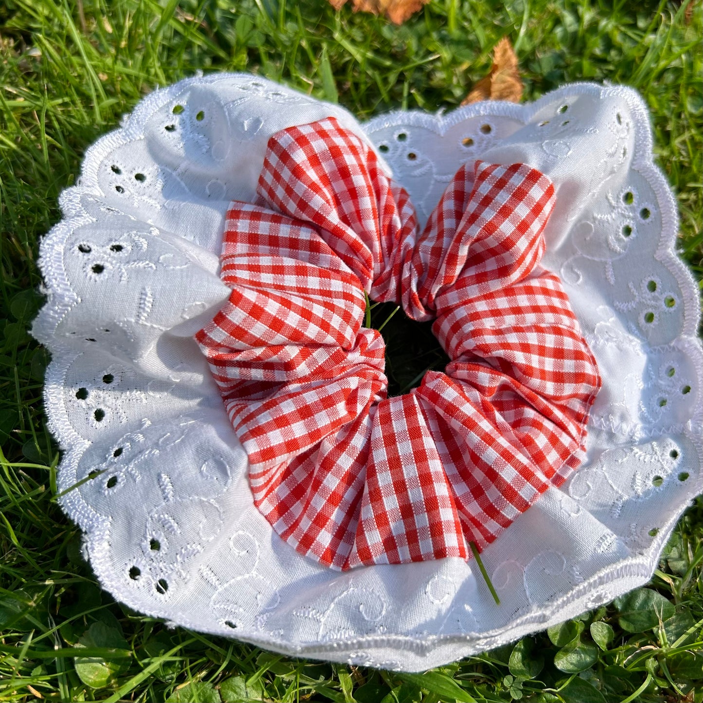 Large Orange Gingham Scrunchie with Broderie Trim