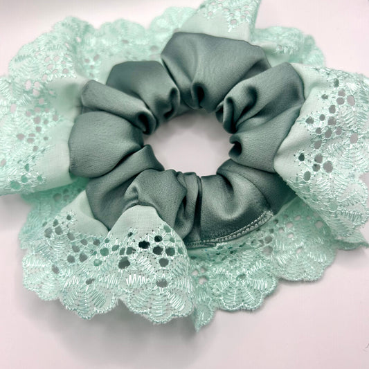 Duck Egg Blue Satin Scrunchie with Aqua Lace Trim
