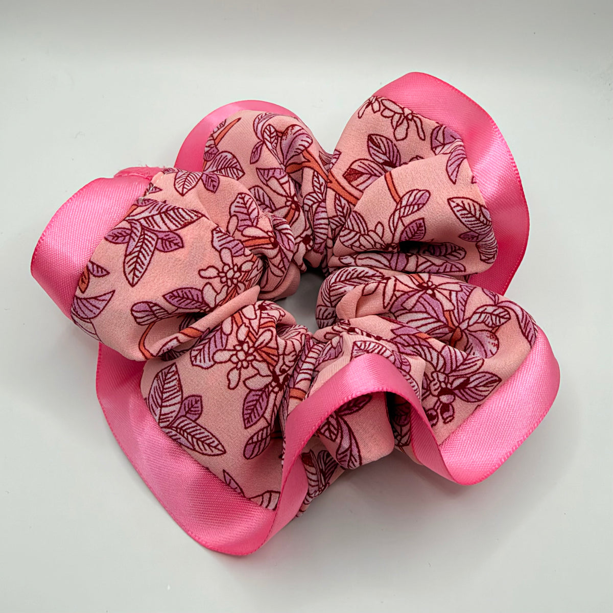 Pink Leaf Pattern Scrunchie with Ribbon Trim