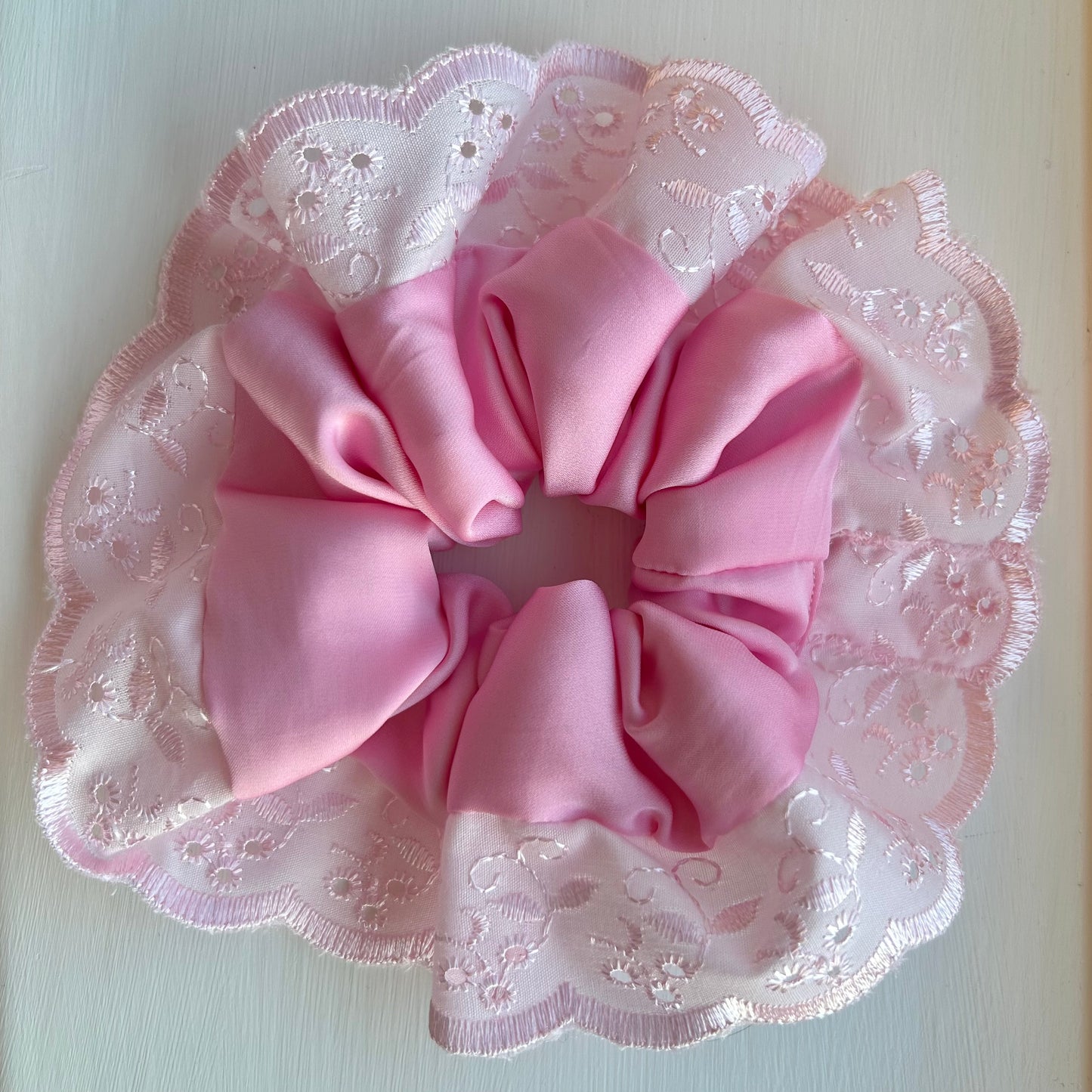 Hot Pink Satin Scrunchie with Broderie Trim