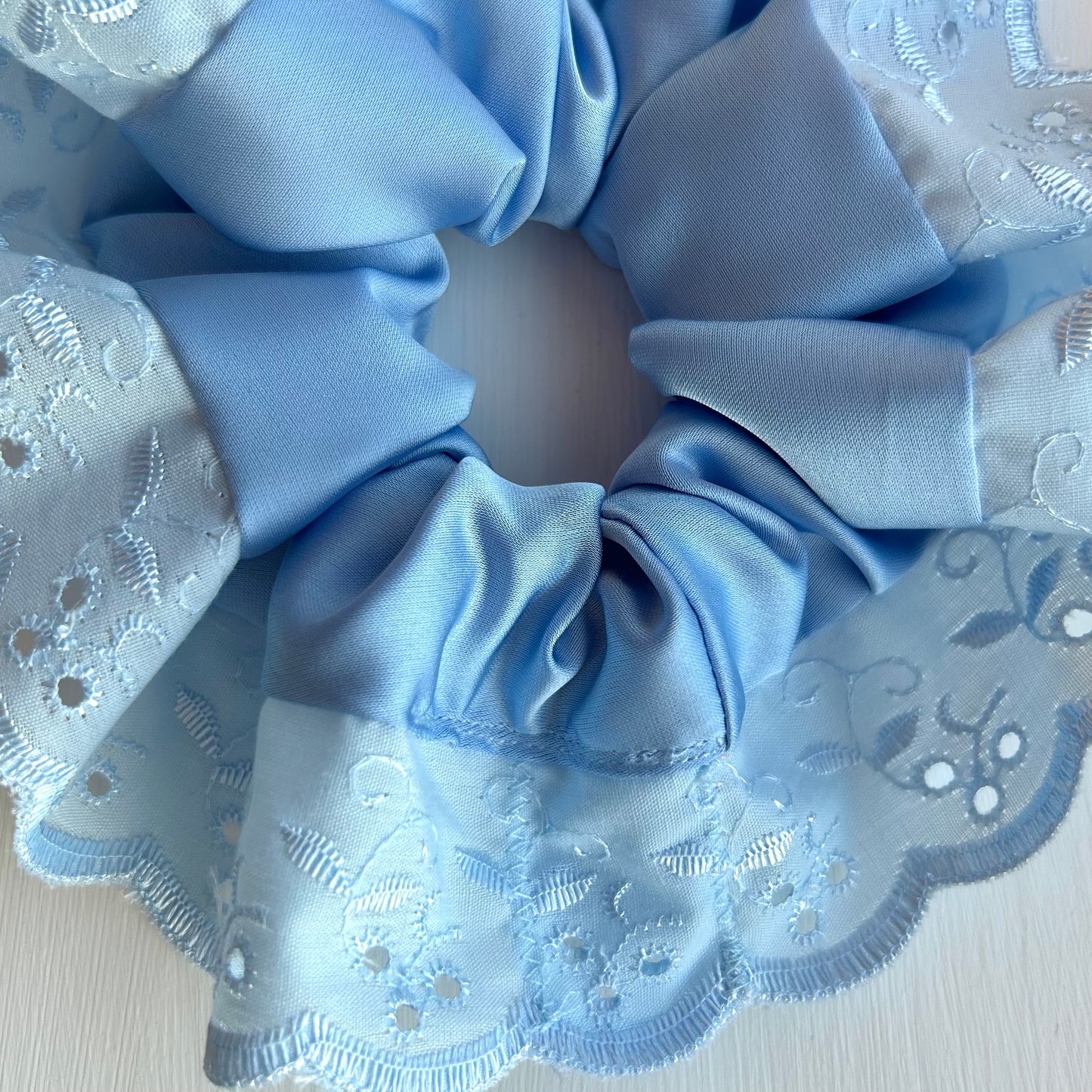 Sky Blue Satin Scrunchie with Broderie Trim