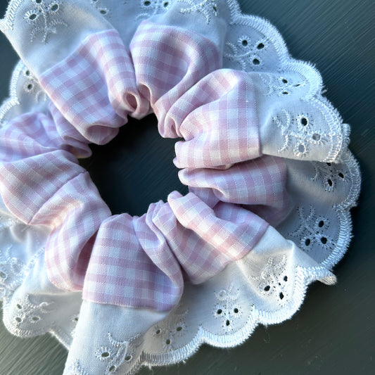 Large Pale Pink Gingham Scrunchie with Broderie Trim