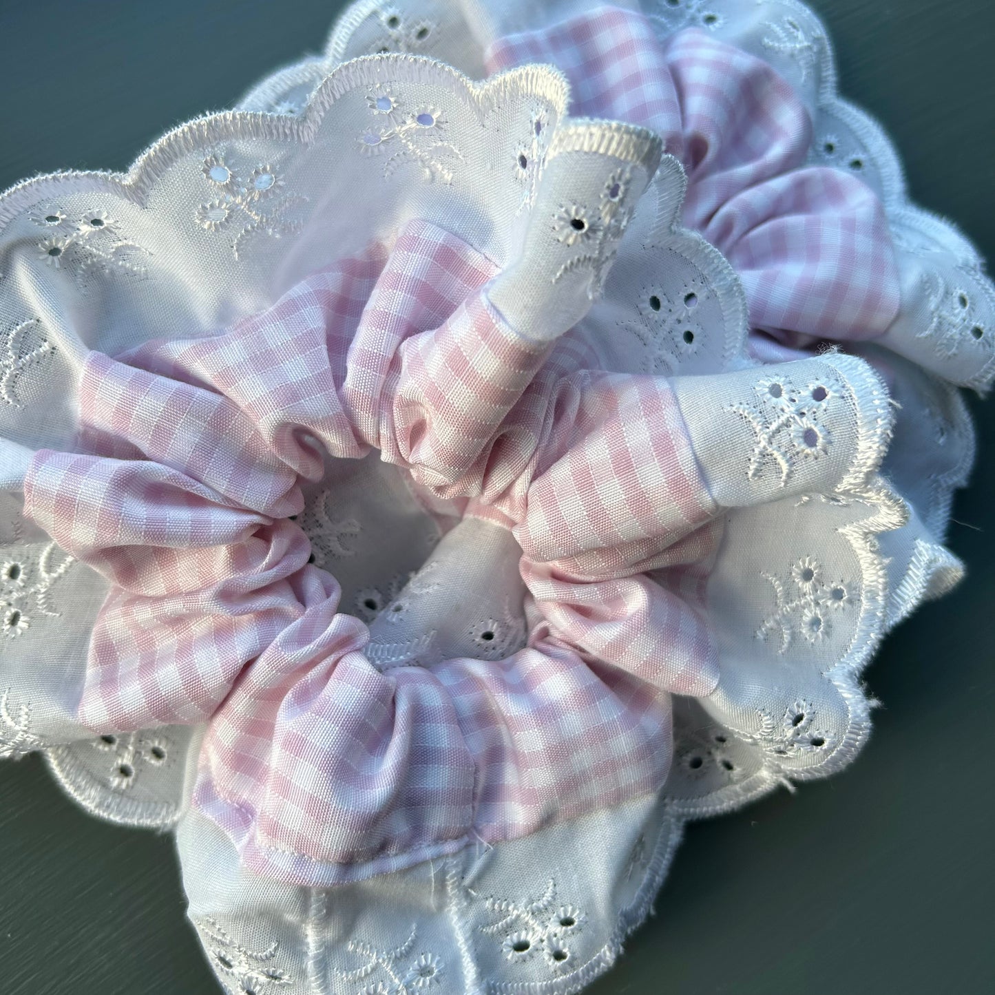 Large Pale Pink Gingham Scrunchie with Broderie Trim