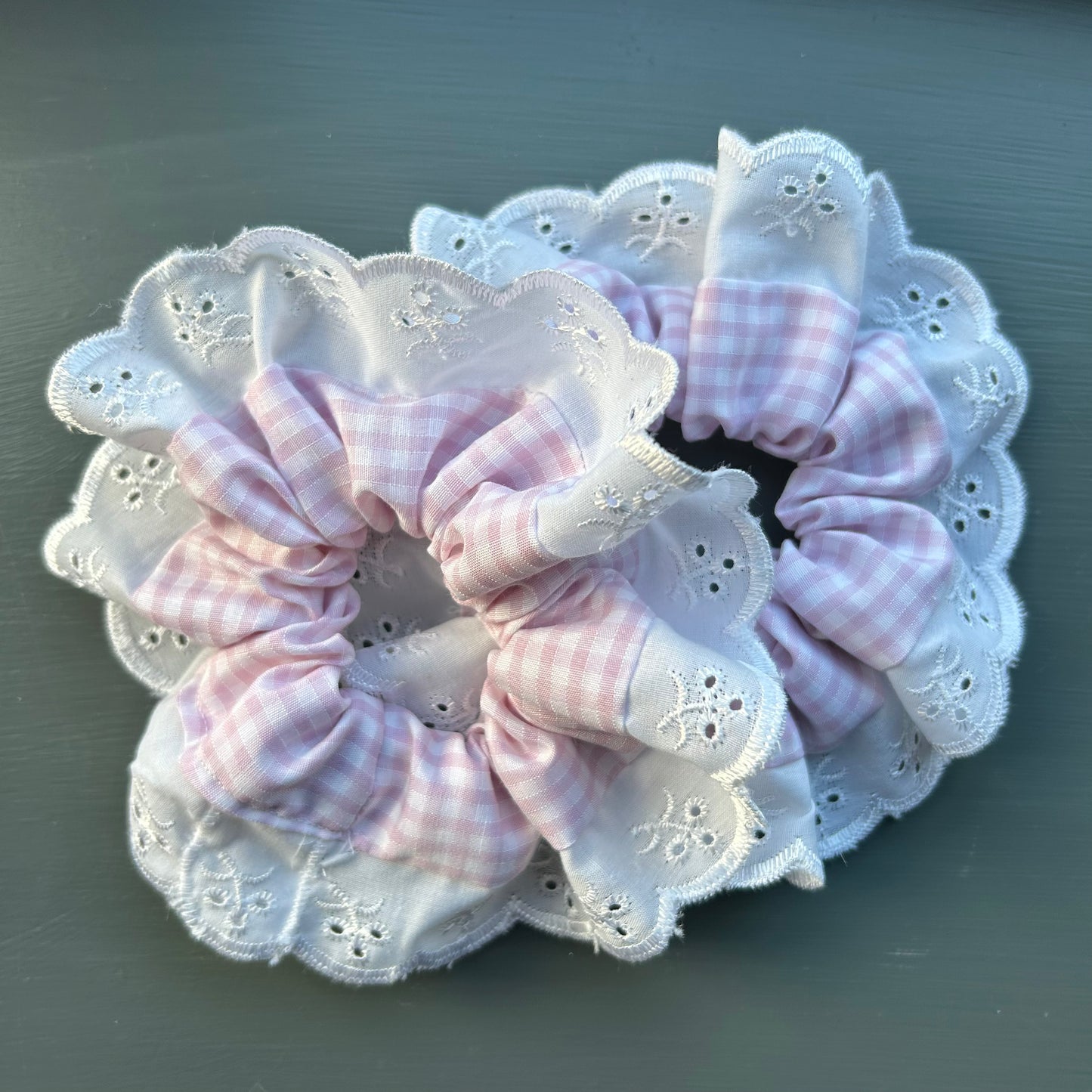 Large Pale Pink Gingham Scrunchie with Broderie Trim