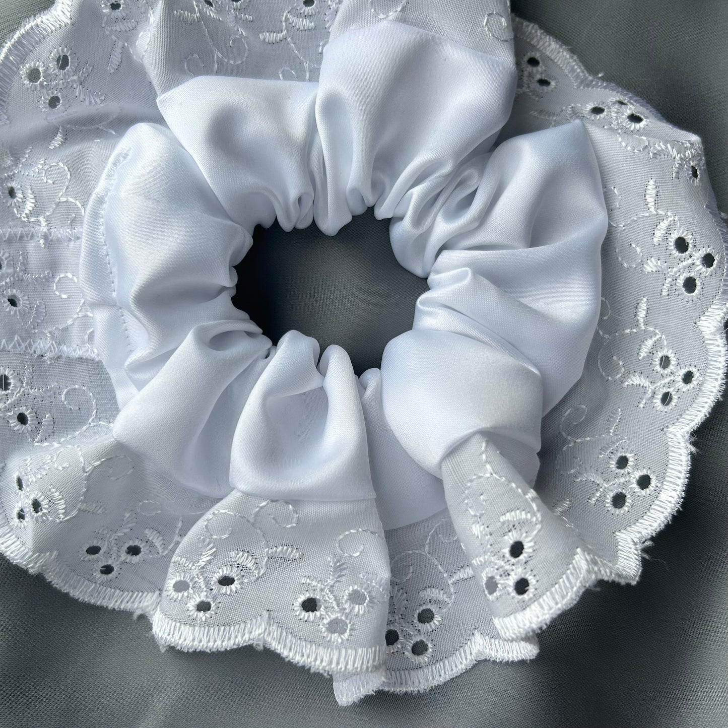 Large White Scrunchie with Broderie Trim (Muslin or Satin)