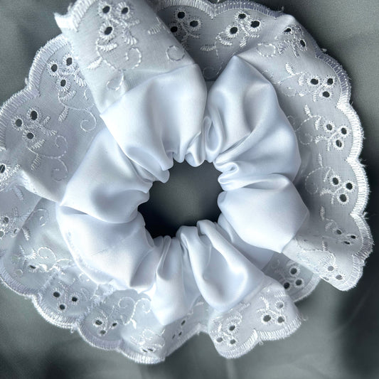 Large White Scrunchie with Broderie Trim (Muslin or Satin)