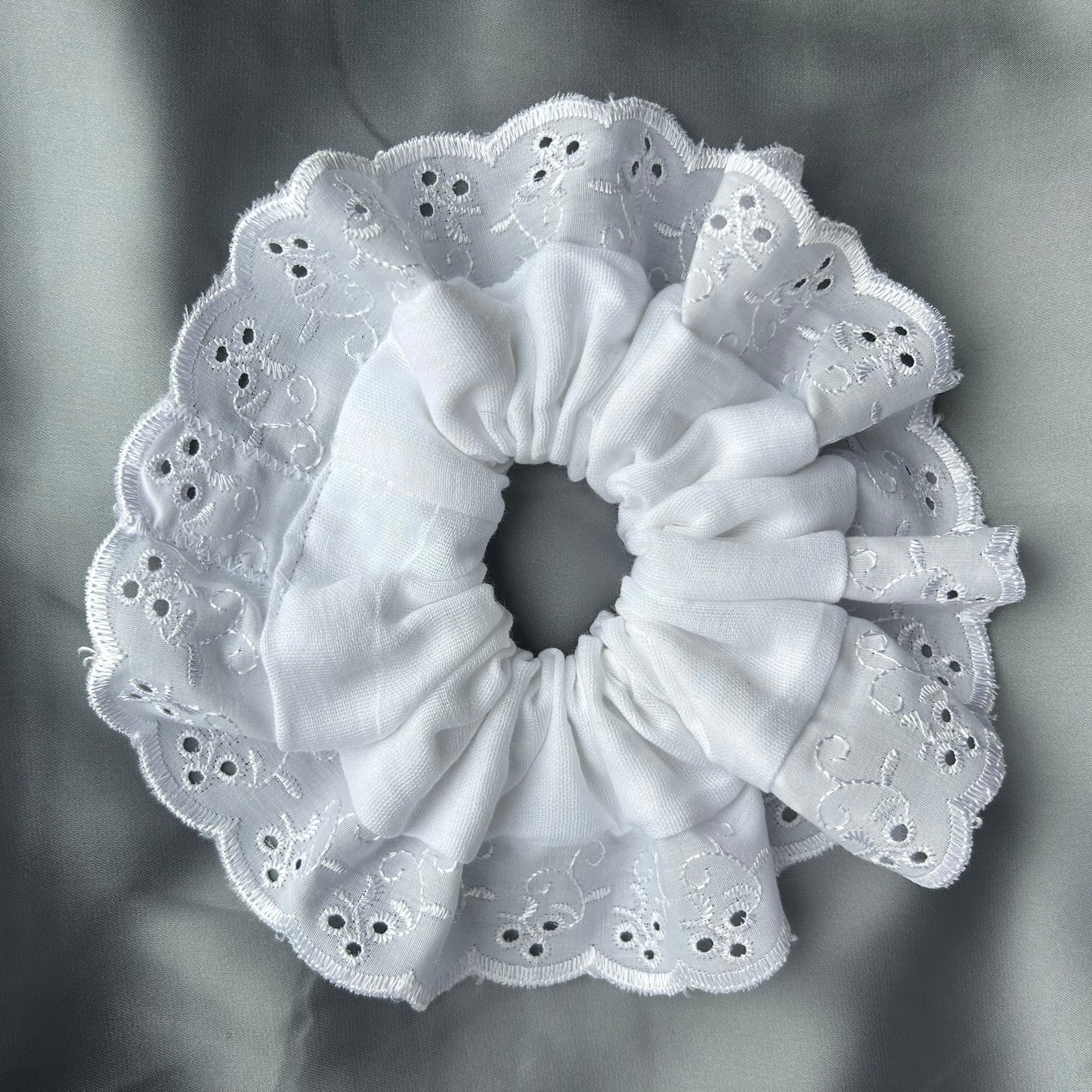Large White Scrunchie with Broderie Trim (Muslin or Satin)