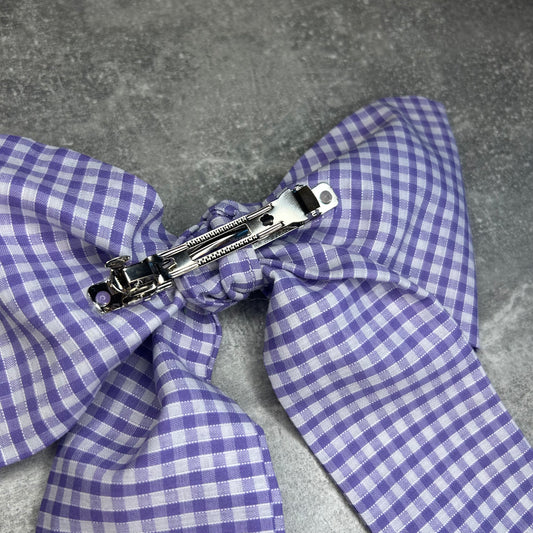 Lilac Gingham Hair Bow on Silver Clip