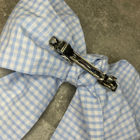Pale Blue Gingham Hair Bow on Silver Clip